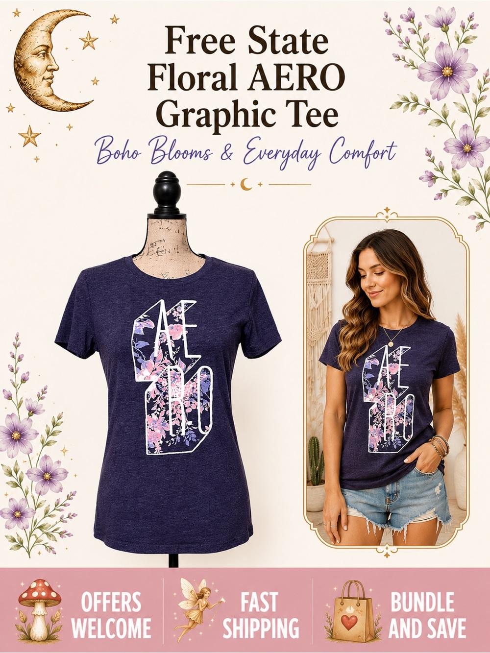 Free State Floral AERO Graphic Tee Purple Short Sleeve Top Large